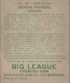 1934 World Wide Gum (V354) #10 Bernie Friberg Back