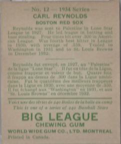 1934 World Wide Gum (V354) #12 Carl Reynolds Back