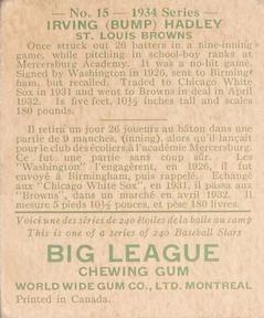 1934 World Wide Gum (V354) #15 Bump Hadley Back