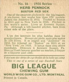 1934 World Wide Gum (V354) #16 Herb Pennock Back