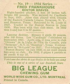 1934 World Wide Gum (V354) #19 Fred Frankhouse Back