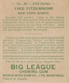1934 World Wide Gum (V354) #20 Fred Fitzsimmons Back