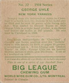 1934 World Wide Gum (V354) #22 George Uhle Back