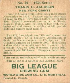 1934 World Wide Gum (V354) #24 Travis Jackson Back