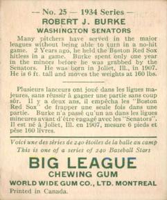 1934 World Wide Gum (V354) #25 Robert J. Burke Back