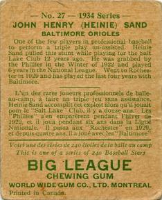 1934 World Wide Gum (V354) #27 Heinie Sand Back