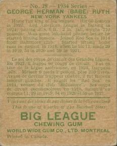 1934 World Wide Gum (V354) #28 Babe Ruth Back