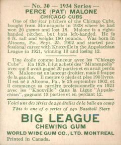 1934 World Wide Gum (V354) #30 Perce Pat Malone Back