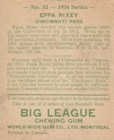 1934 World Wide Gum (V354) #32 Eppa Rixey Back