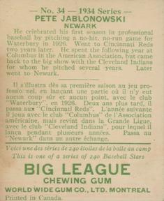 1934 World Wide Gum (V354) #34 Pete Jablonowski Back