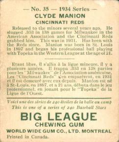 1934 World Wide Gum (V354) #35 Clyde Manion Back