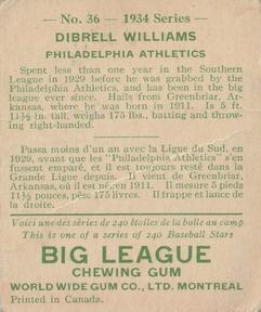 1934 World Wide Gum (V354) #36 Dib Williams Back