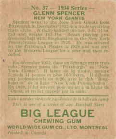 1934 World Wide Gum (V354) #37 Glenn Spencer Back