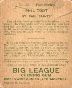 1934 World Wide Gum (V354) #39 Phil Todt Back