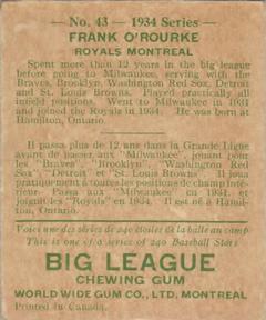 1934 World Wide Gum (V354) #43 Frank O'Rourke Back