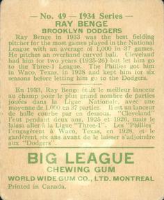 1934 World Wide Gum (V354) #49 Ray Benge Back