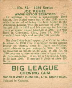 1934 World Wide Gum (V354) #52 Joe Kuhel Back