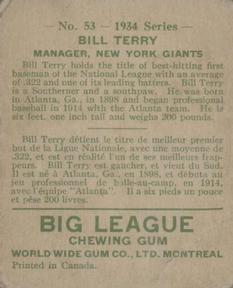 1934 World Wide Gum (V354) #53 Bill Terry Back
