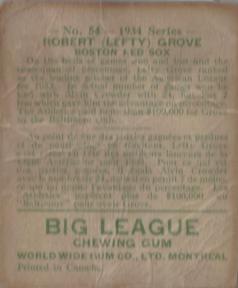 1934 World Wide Gum (V354) #54 Lefty Grove Back
