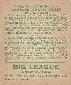 1934 World Wide Gum (V354) #56 Chuck Klein Back