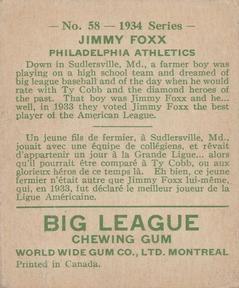 1934 World Wide Gum (V354) #58 Jimmie Foxx Back
