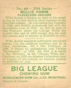 1934 World Wide Gum (V354) #60 Willie Kamm Back
