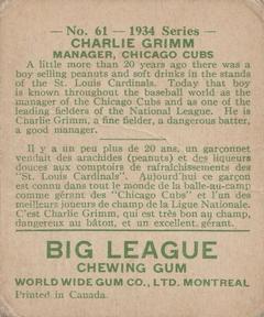 1934 World Wide Gum (V354) #61 Charlie Grimm Back