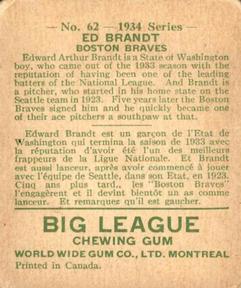 1934 World Wide Gum (V354) #62 Ed Brandt Back