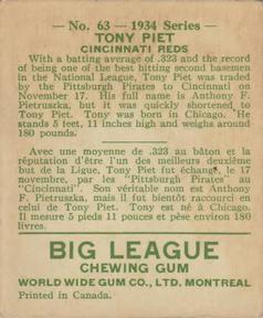 1934 World Wide Gum (V354) #63 Tony Piet Back