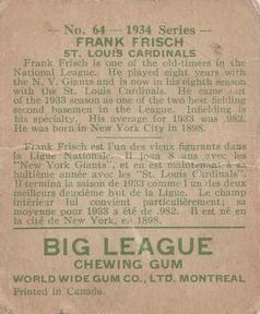1934 World Wide Gum (V354) #64 Frank Frisch Back