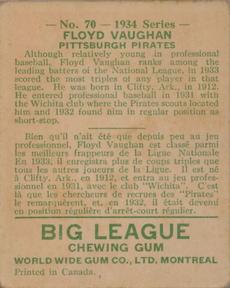 1934 World Wide Gum (V354) #70 Arky Vaughan Back