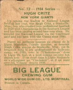 1934 World Wide Gum (V354) #72 Hugh Critz Back