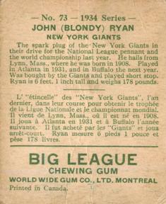 1934 World Wide Gum (V354) #73 John Ryan Back