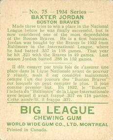 1934 World Wide Gum (V354) #75 Baxter Jordan Back