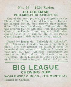 1934 World Wide Gum (V354) #76 Ed Coleman Back