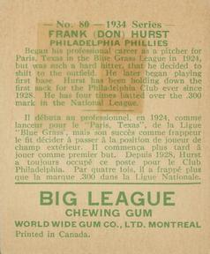 1934 World Wide Gum (V354) #80 Frank Hurst Back