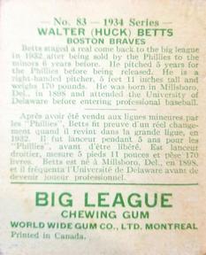 1934 World Wide Gum (V354) #83 Walter Betts Back