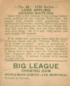 1934 World Wide Gum (V354) #84 Luke Appling Back