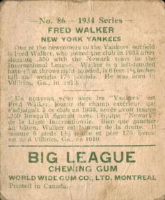 1934 World Wide Gum (V354) #86 Fred Walker Back