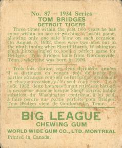 1934 World Wide Gum (V354) #87 Tom Bridges Back