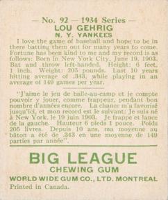 1934 World Wide Gum (V354) #92 Lou Gehrig Back