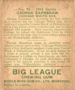 1934 World Wide Gum (V354) #93 George Earnshaw Back