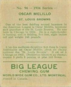 1934 World Wide Gum (V354) #94 Oscar Melillo Back