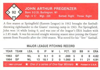 1983 Fritsch One Year Winners #92 John Pregenzer Back