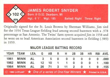 1983 Fritsch One Year Winners #102 Jim Snyder Back