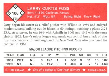1983 Fritsch One Year Winners #106 Larry Foss Back