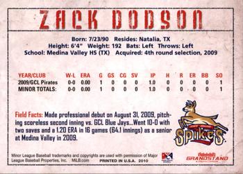 2010 Grandstand State College Spikes #NNO Zack Dodson Back