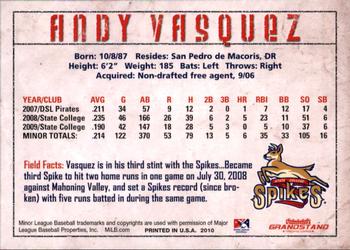 2010 Grandstand State College Spikes #NNO Andy Vasquez Back