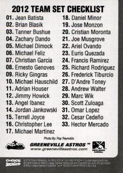2012 Choice Greeneville Astros #NNO Team Card Back