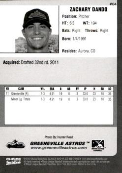 2012 Choice Greeneville Astros #04 Zachary Dando Back
